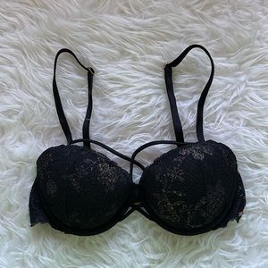 PINK Victoria Secret Date Push-Up Black & Pink Crisscross Lace Bra - 34B